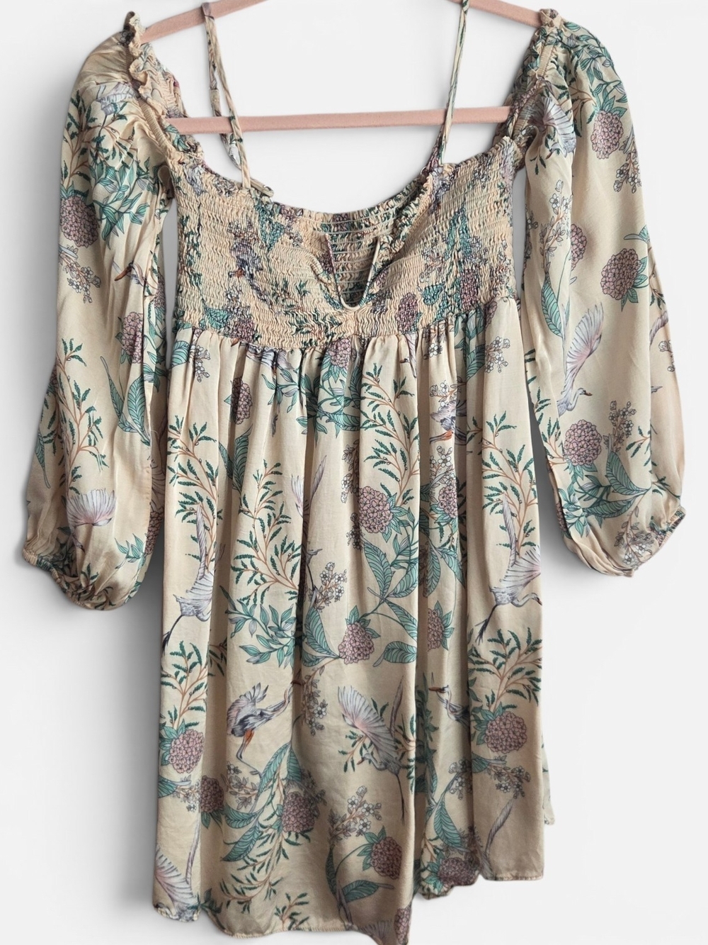 Floral Boho Smocked Peasant Top - Beige with Teal & Mauve Defect